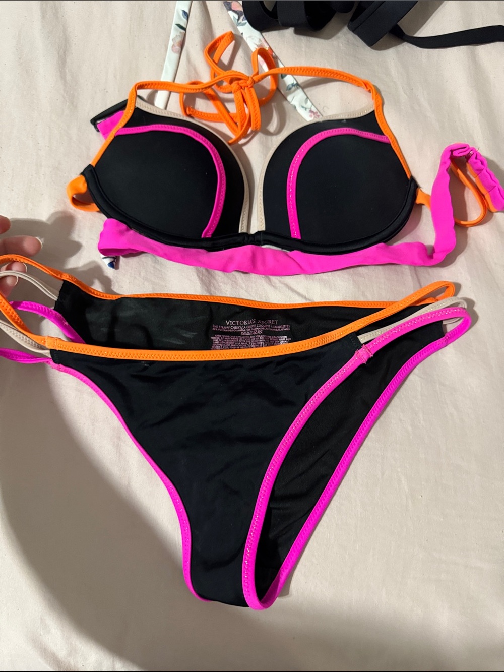 Victoria's Secret Black Bikini with Neon Pink & Orange Accents